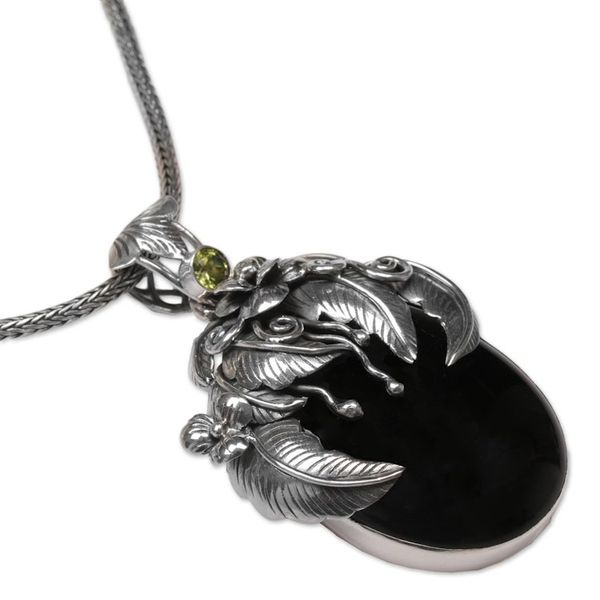 Alternate image for Handcrafted Balinese Onyx and Peridot Pendant Necklace Leaf Fairy