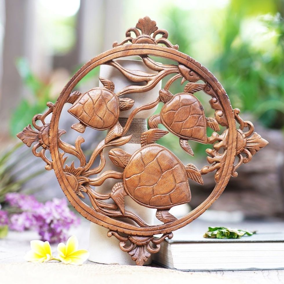 Hand-Carved Suar Wood Turtle-Themed Relief Panel from Bali 'Seaweed Turtles'