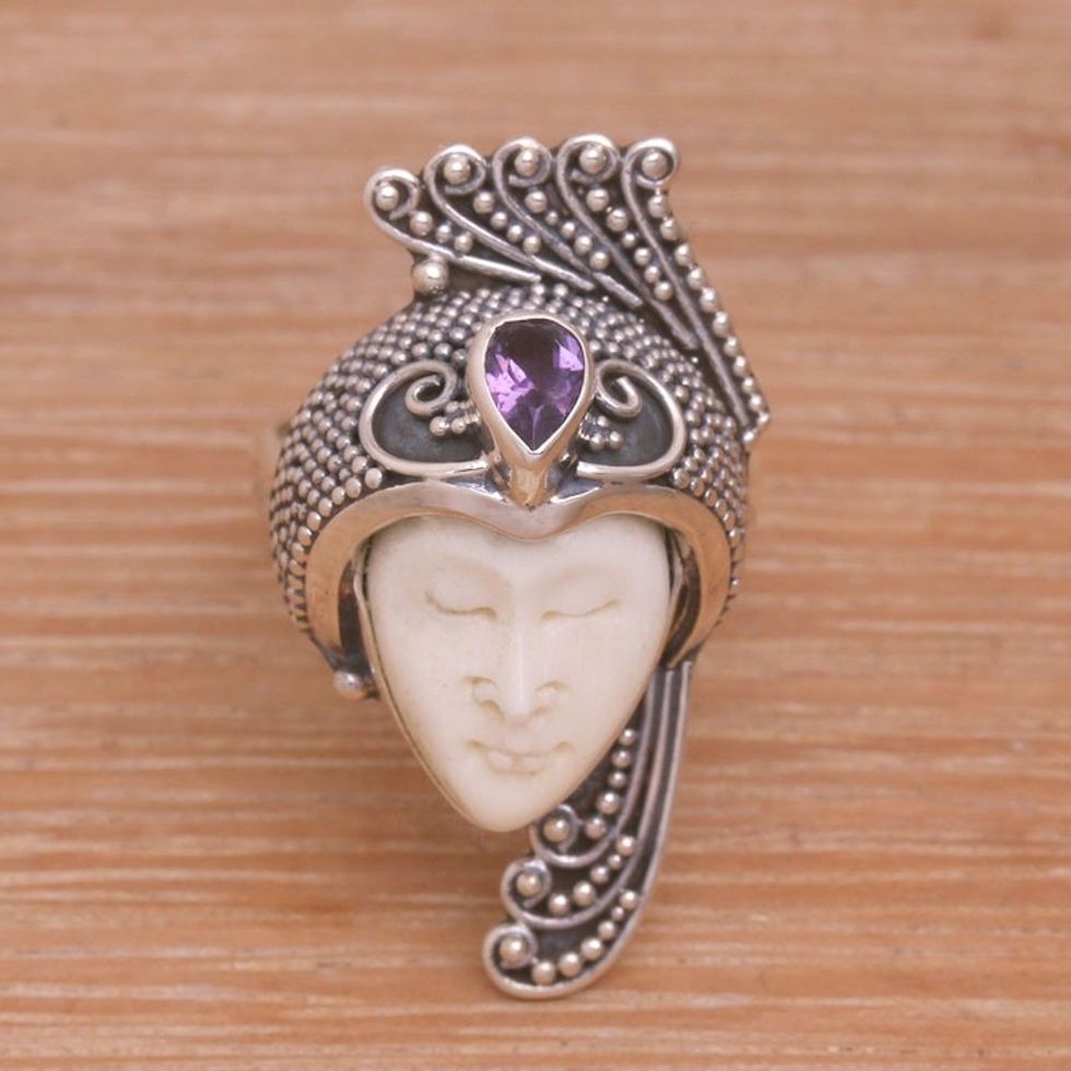 Amethyst 925 Silver and Bone Face Ring from Bali 'Peacock Prince'