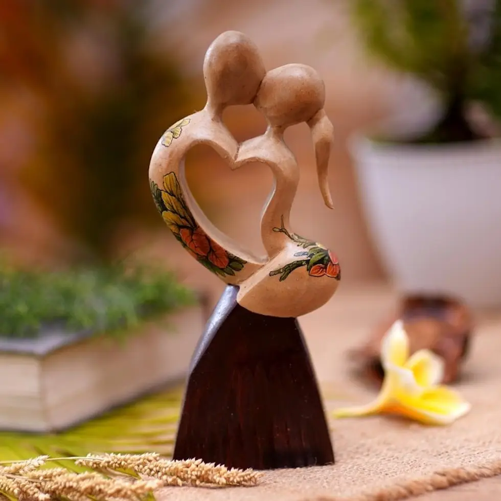 Hand Carved Jempinis Wood Romantic Statuette from Bali 'Loving Dance'