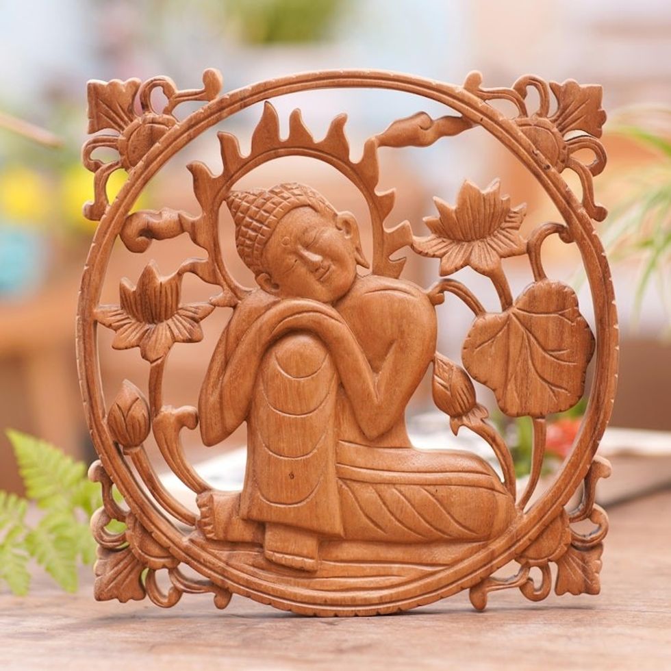 Handcrafted Suar Wood Buddha Relief Panel from Bali 'Buddha in Repose'