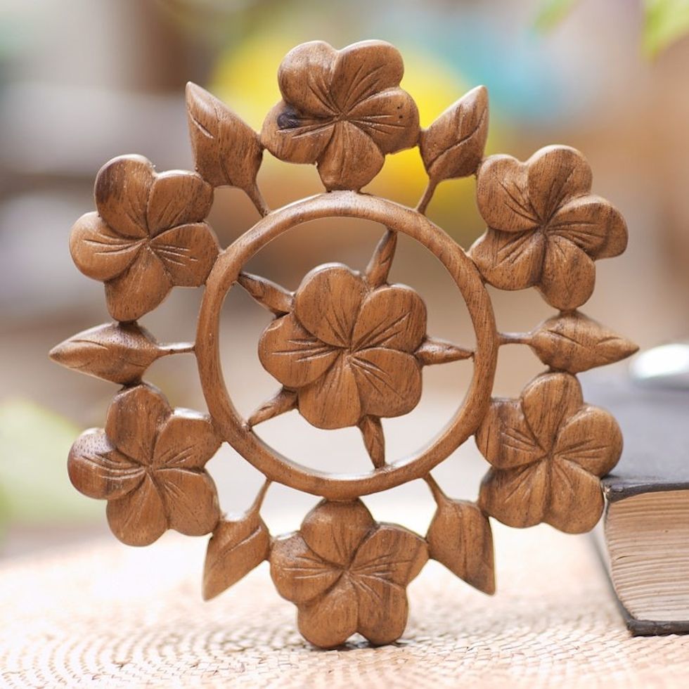 Hand Carved Floral Wood Wall Relief Panel from Indonesia 'Frangipani Garden'