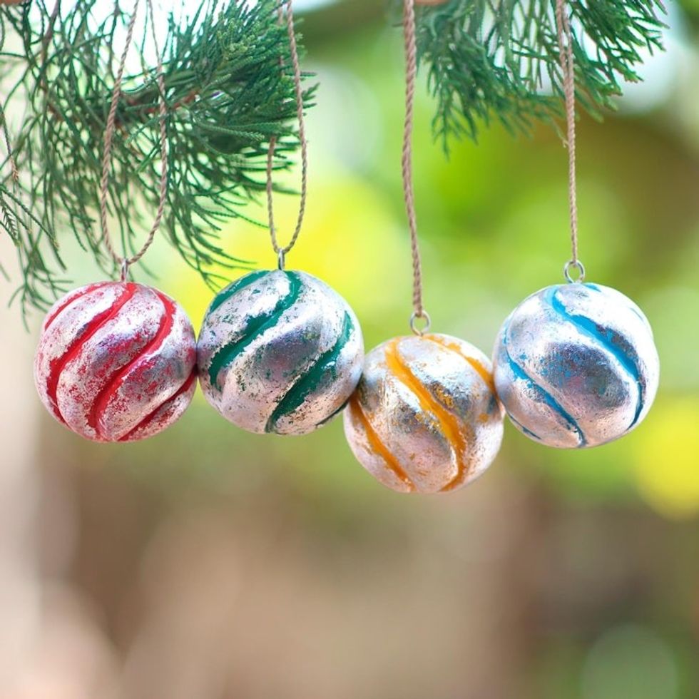 Four Round Silver Tone Albesia Wood Ornaments from Bali 'Festive Spirals'