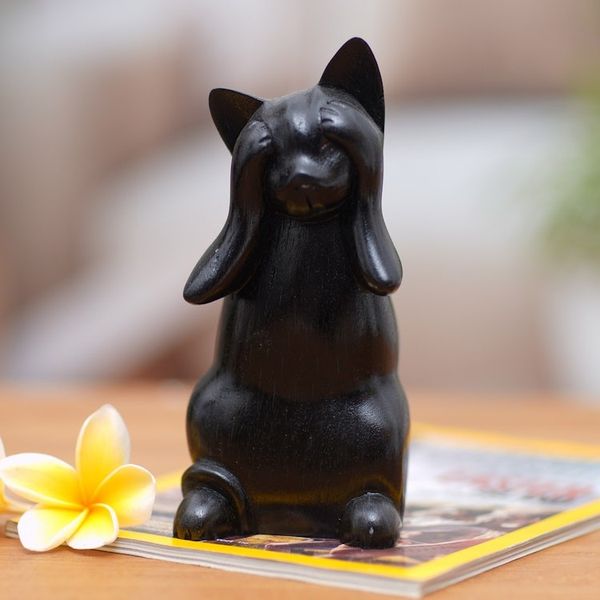 Alternate image for Hand-Carved Black Suar Wood Cat Sculpture from Bali Kitty Sees No Evil