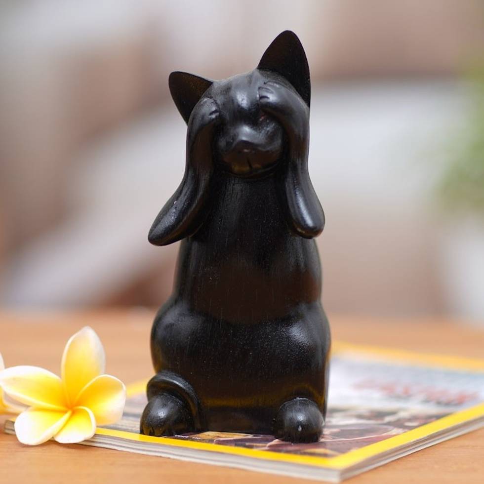 Hand-Carved Black Suar Wood Cat Sculpture from Bali 'Kitty Sees No Evil'