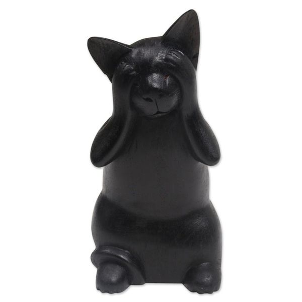 Alternate image for Hand-Carved Black Suar Wood Cat Sculpture from Bali Kitty Sees No Evil