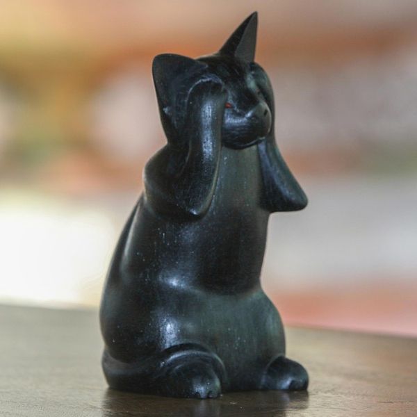 Alternate image for Hand-Carved Black Suar Wood Cat Sculpture from Bali Kitty Sees No Evil