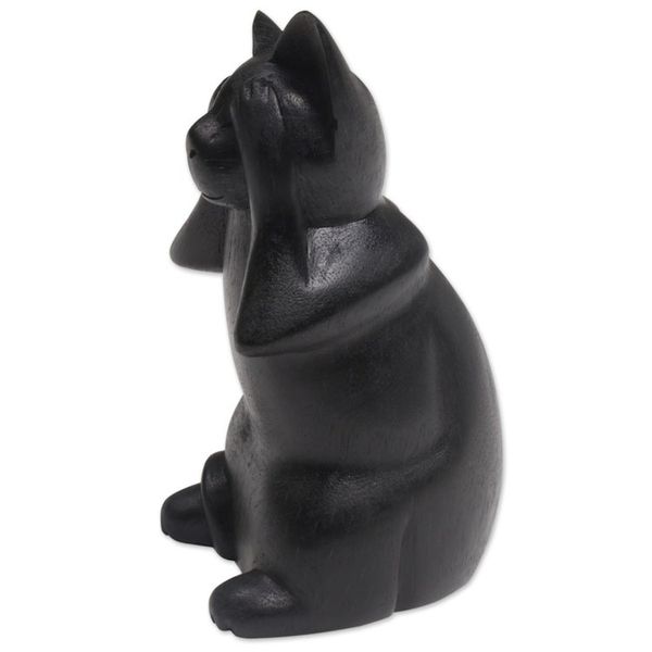 Alternate image for Hand-Carved Black Suar Wood Cat Sculpture from Bali Kitty Sees No Evil