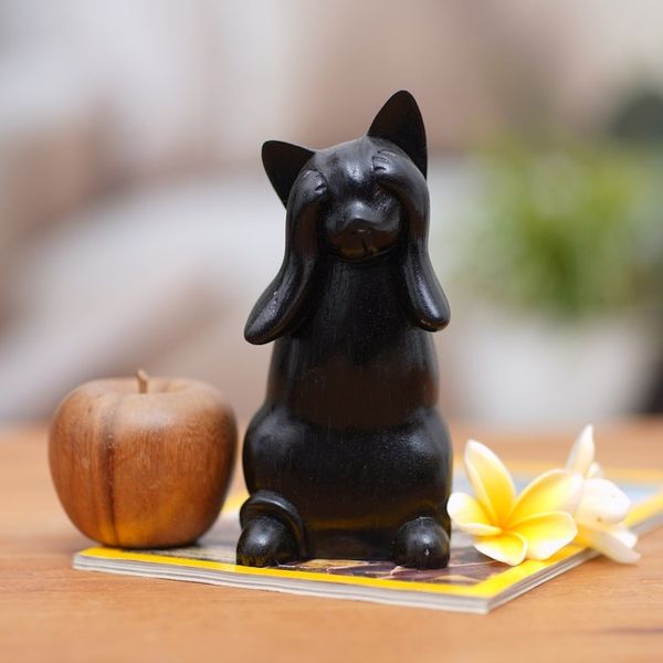 Alternate image for Hand-Carved Black Suar Wood Cat Sculpture from Bali Kitty Sees No Evil