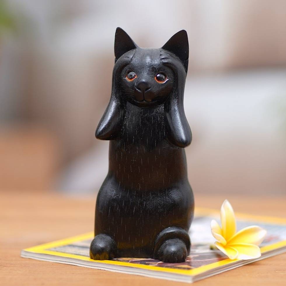 Hand-Carved Black Suar Wood Cat Sculpture from Bali 'Kitty Hears No Evil'