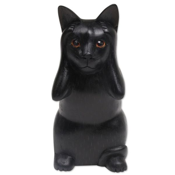 Alternate image for Hand-Carved Black Suar Wood Cat Sculpture from Bali Kitty Hears No Evil
