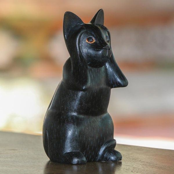 Alternate image for Hand-Carved Black Suar Wood Cat Sculpture from Bali Kitty Hears No Evil
