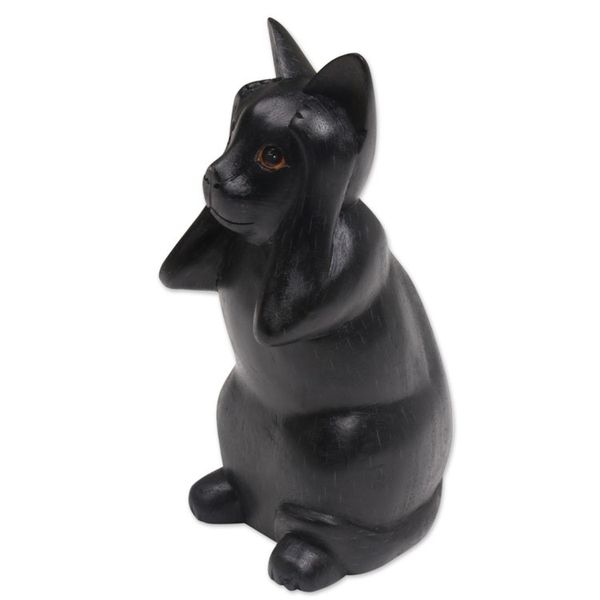 Alternate image for Hand-Carved Black Suar Wood Cat Sculpture from Bali Kitty Hears No Evil