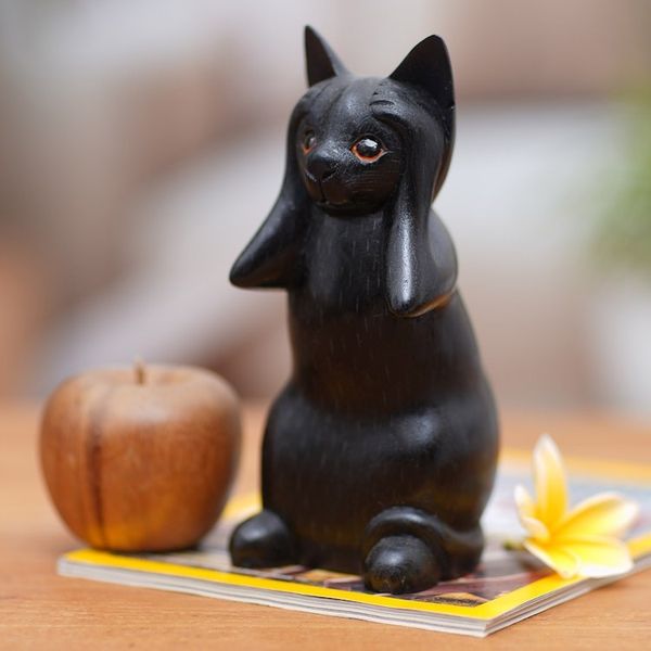 Alternate image for Hand-Carved Black Suar Wood Cat Sculpture from Bali Kitty Hears No Evil