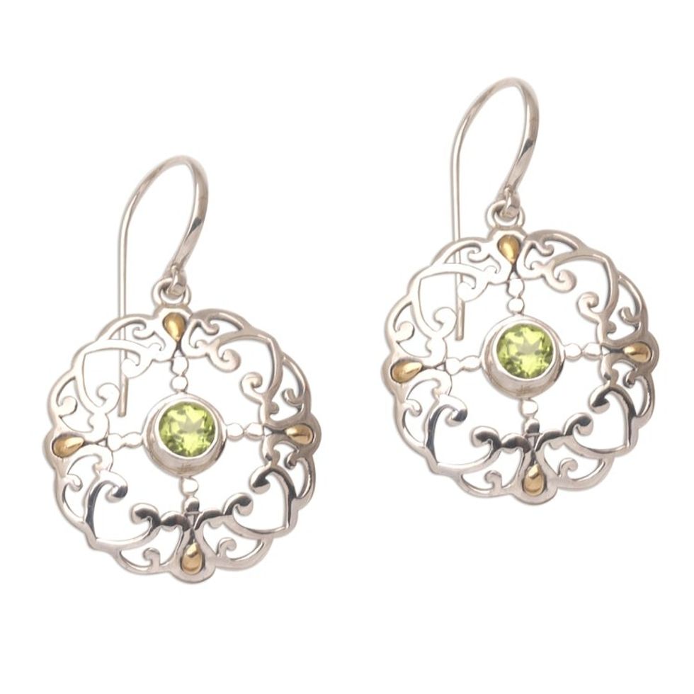 Peridot Sterling Silver Dangle Earrings with 18k Gold Accent 'Exquisite Flora'