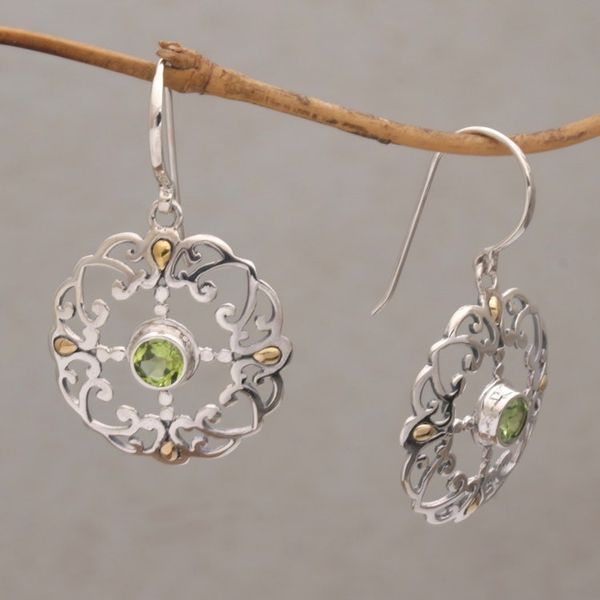Alternate image for Peridot Sterling Silver Dangle Earrings with 18k Gold Accent Exquisite Flora