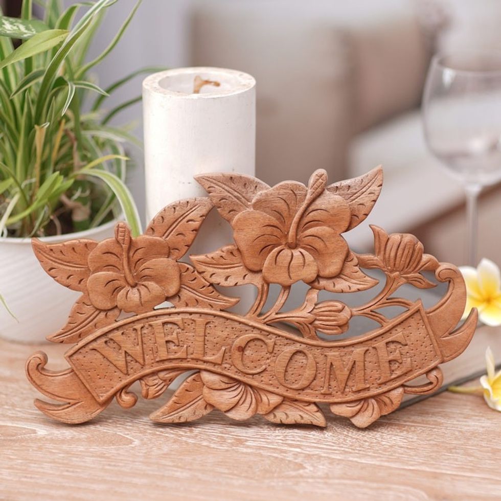 Hand Carved Suar Wood Welcome Sign from Bali 'Hibiscus Welcome'