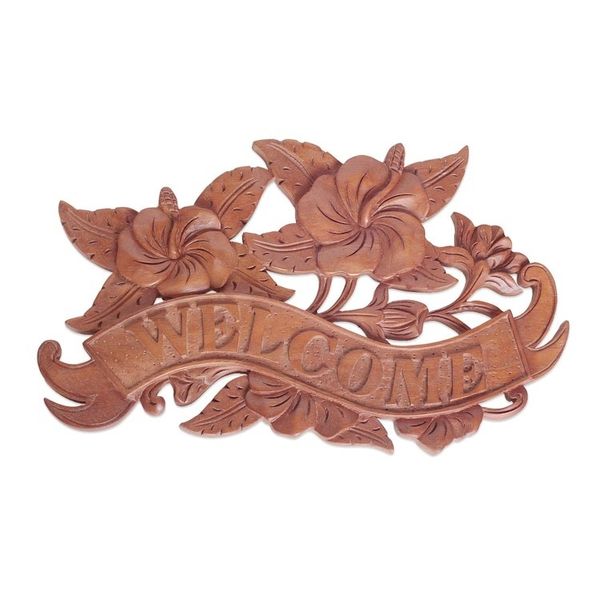 Alternate image for Hand Carved Suar Wood Welcome Sign from Bali Hibiscus Welcome