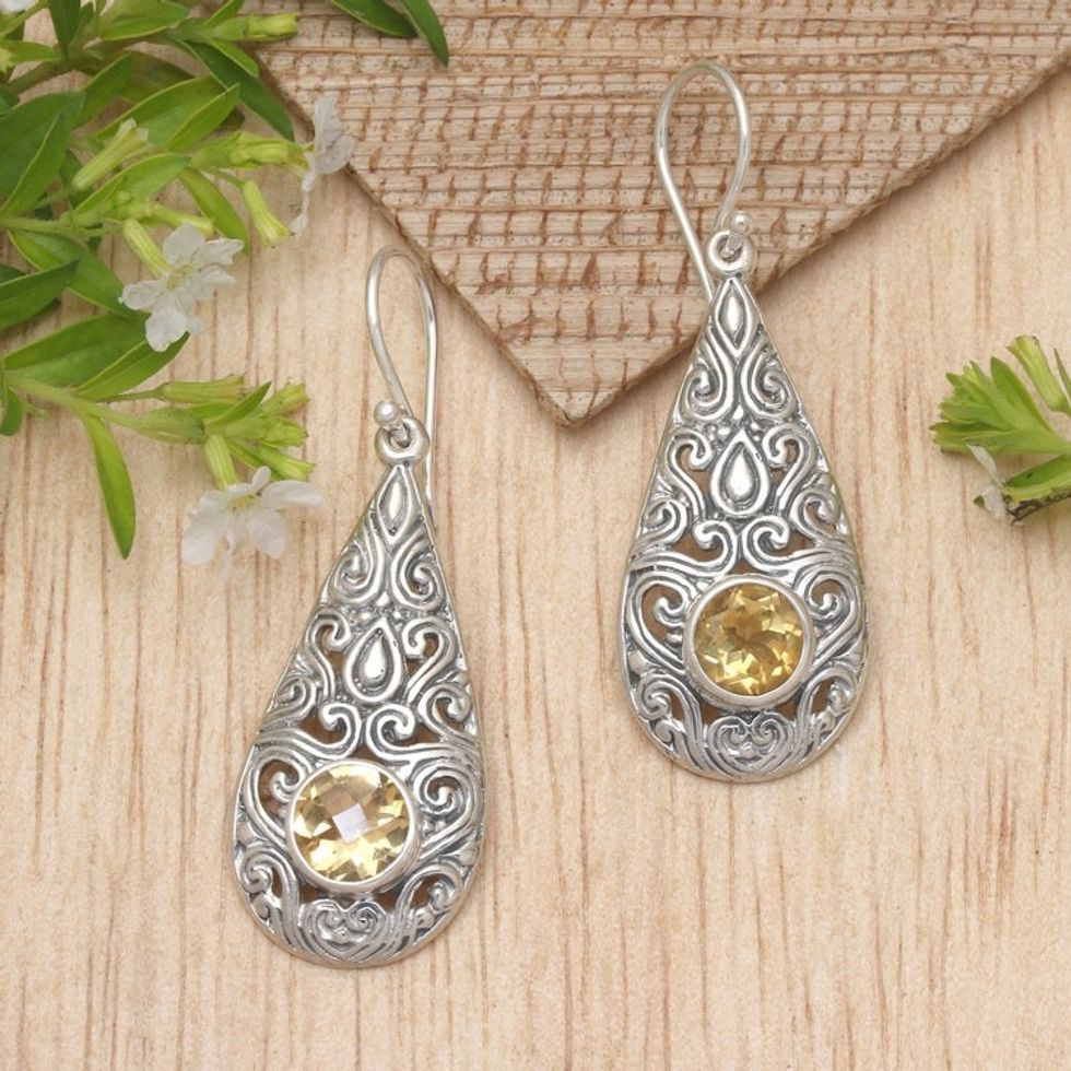 Citrine and Sterling Silver Dangle Earrings from Bali 'Temple Teardrops'