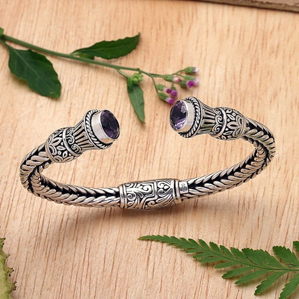 Amethyst Naga Motif Sterling Silver Cuff Bracelet from Bali 'Naga Temple'