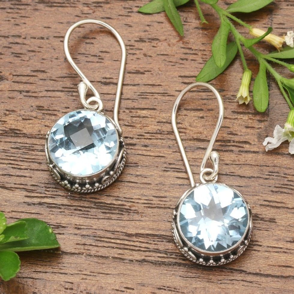 Round Blue Topaz and Silver Dangle Earrings from Bali 'Iridescent Circles'