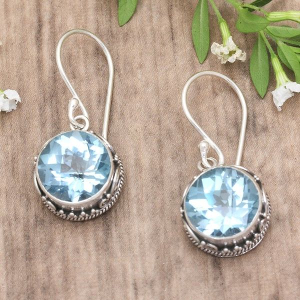Alternate image for Round Blue Topaz and Silver Dangle Earrings from Bali Iridescent Circles