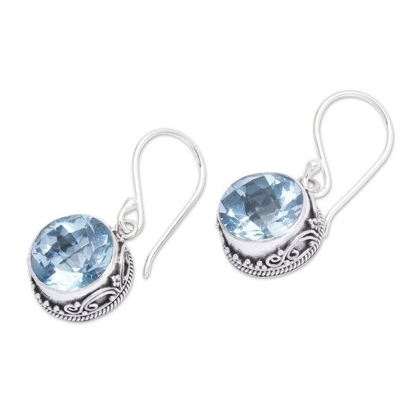 Alternate image for Round Blue Topaz and Silver Dangle Earrings from Bali Iridescent Circles