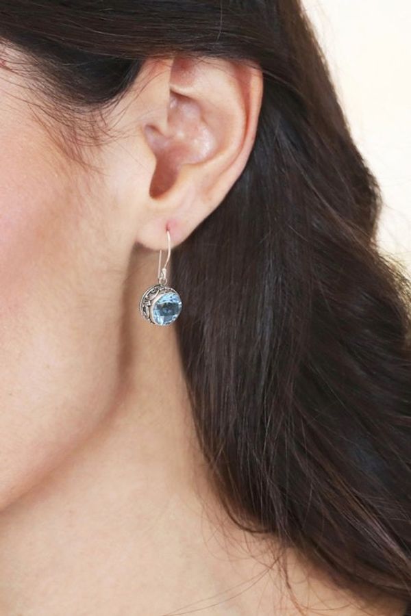 Alternate image for Round Blue Topaz and Silver Dangle Earrings from Bali Iridescent Circles