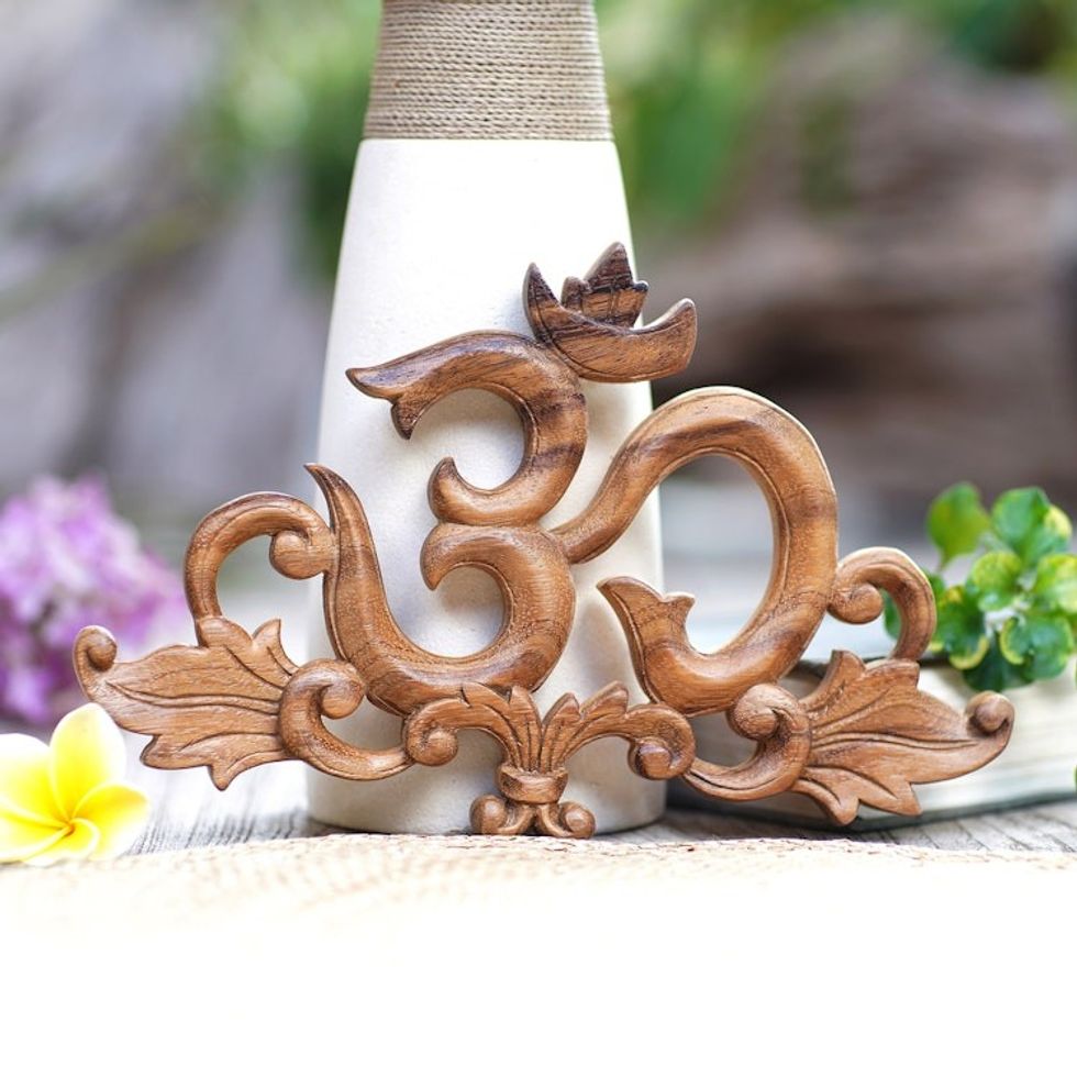 Handcrafted Suar Wood Leafy Om Relief Panel from Bali 'Flourishing Om'