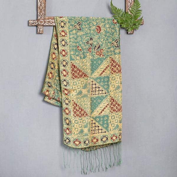 Alternate image for Batik Silk Shawl with Moss Green Floral Motifs from Bali Orchid Temple in Moss Green