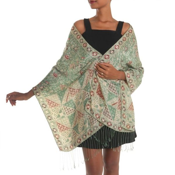 Alternate image for Batik Silk Shawl with Moss Green Floral Motifs from Bali Orchid Temple in Moss Green