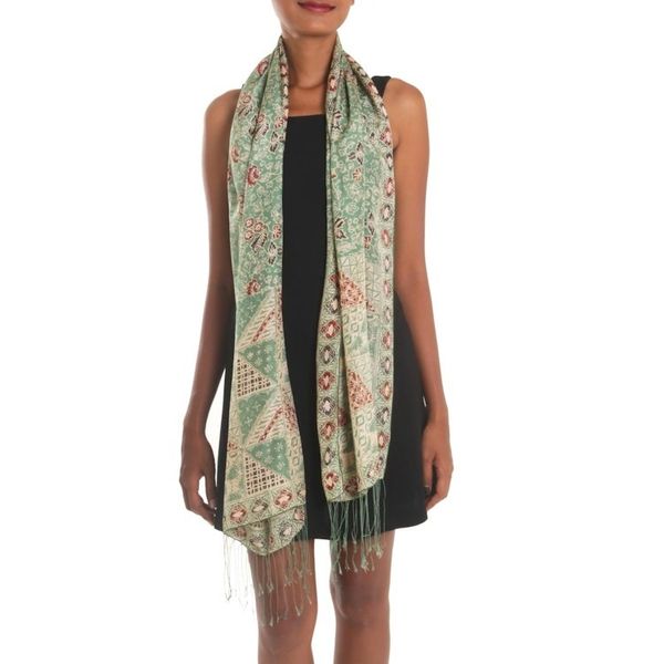 Alternate image for Batik Silk Shawl with Moss Green Floral Motifs from Bali Orchid Temple in Moss Green