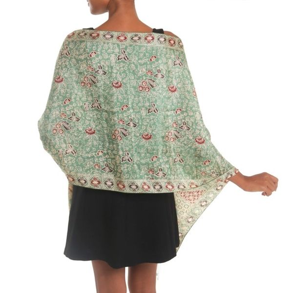 Alternate image for Batik Silk Shawl with Moss Green Floral Motifs from Bali Orchid Temple in Moss Green