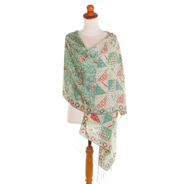Alternate image for Batik Silk Shawl with Moss Green Floral Motifs from Bali Orchid Temple in Moss Green
