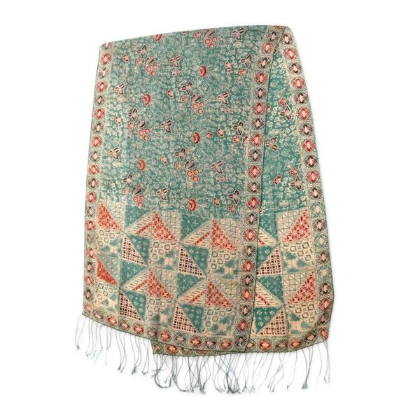 Alternate image for Batik Silk Shawl with Moss Green Floral Motifs from Bali Orchid Temple in Moss Green
