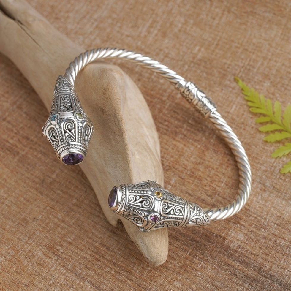 Handmade Multi Gemstone 925 Sterling Silver Cuff Bracelet 'Mystical Circle'