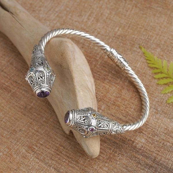 Alternate image for Handmade Multi Gemstone 925 Sterling Silver Cuff Bracelet Mystical Circle