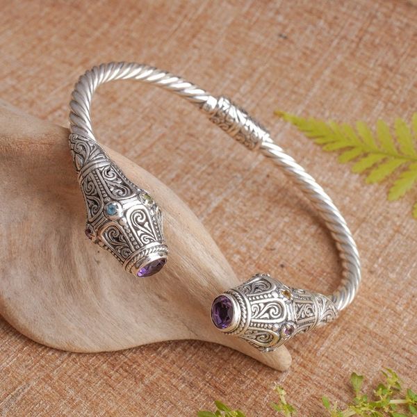 Alternate image for Handmade Multi Gemstone 925 Sterling Silver Cuff Bracelet Mystical Circle