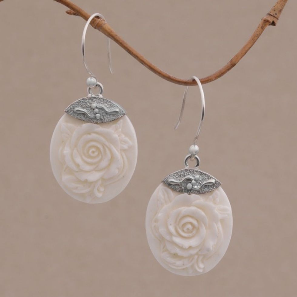 Sterling Silver and Bone Floral Dangle Earrings from Bali 'Twin Roses'