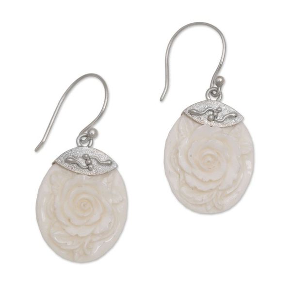 Alternate image for Sterling Silver and Bone Floral Dangle Earrings from Bali Twin Roses