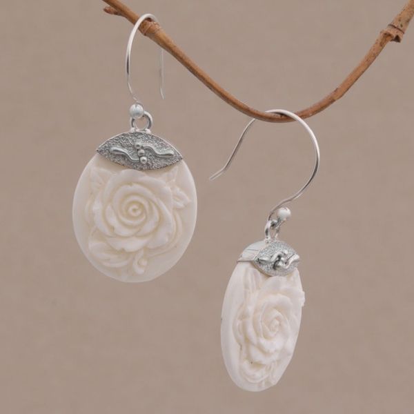 Alternate image for Sterling Silver and Bone Floral Dangle Earrings from Bali Twin Roses