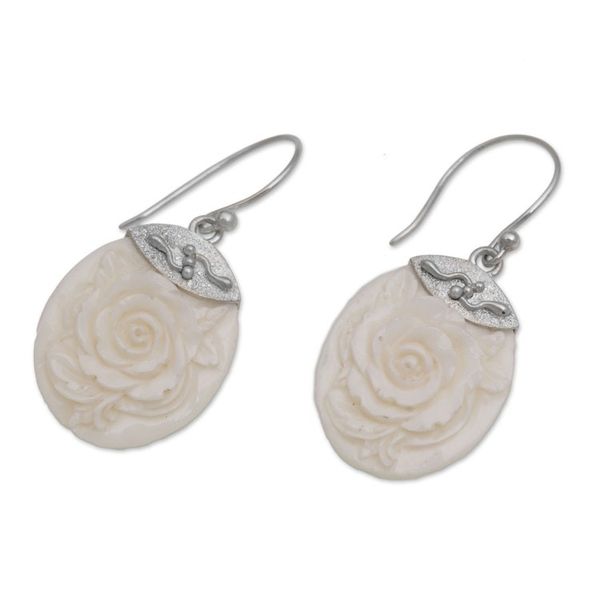Alternate image for Sterling Silver and Bone Floral Dangle Earrings from Bali Twin Roses