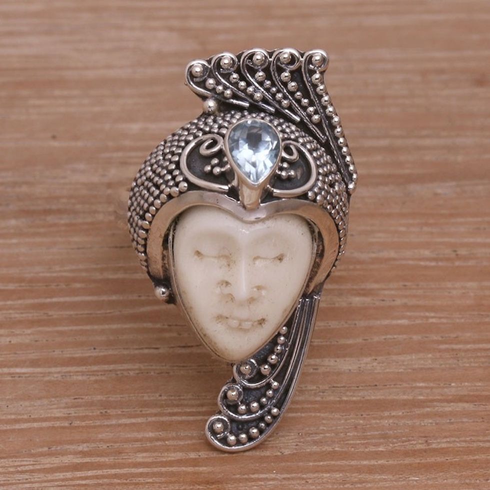 Blue Topaz 925 Silver and Bone Face Cocktail Ring from Bali 'Peacock Prince'