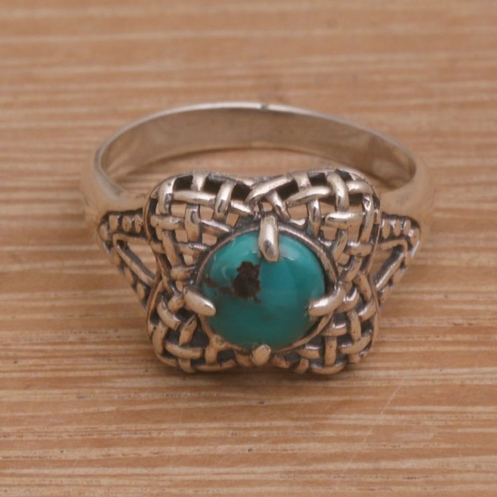 Handmade 925 Sterling Silver Natural Turquoise Cocktail Ring 'Woven Petals'