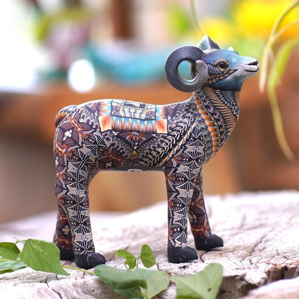 Colorful Polymer Clay Ram Sculpture 4.7 Inch from Bali 'Vibrant Ram'