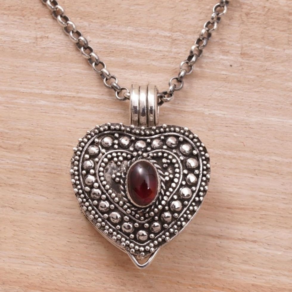 Garnet and Sterling Silver Heart Locket Necklace 'Garnet Love'