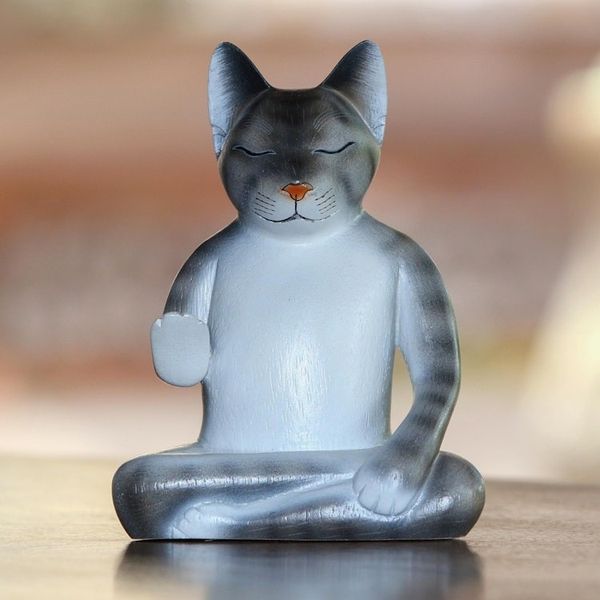 Alternate image for Wood Meditating Cat Sculpture in Grey and White from Bali Nirvana Kitty