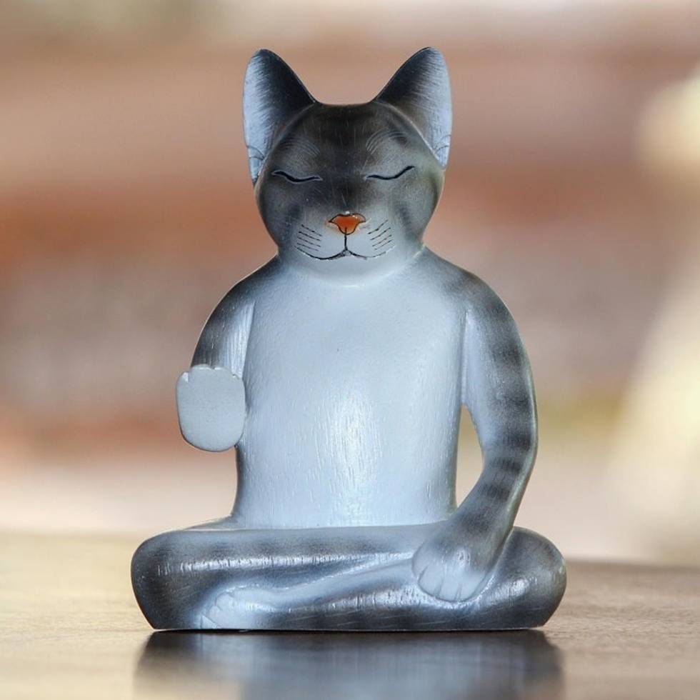 Wood Meditating Cat Sculpture in Grey and White from Bali 'Nirvana Kitty'