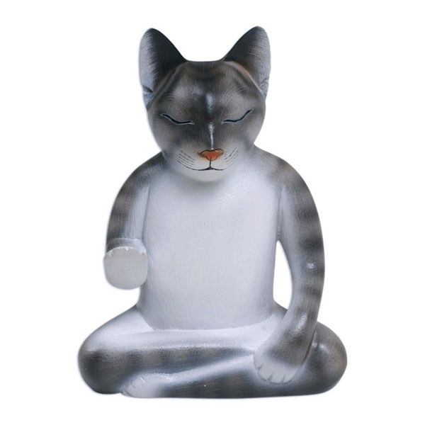 Alternate image for Wood Meditating Cat Sculpture in Grey and White from Bali Nirvana Kitty