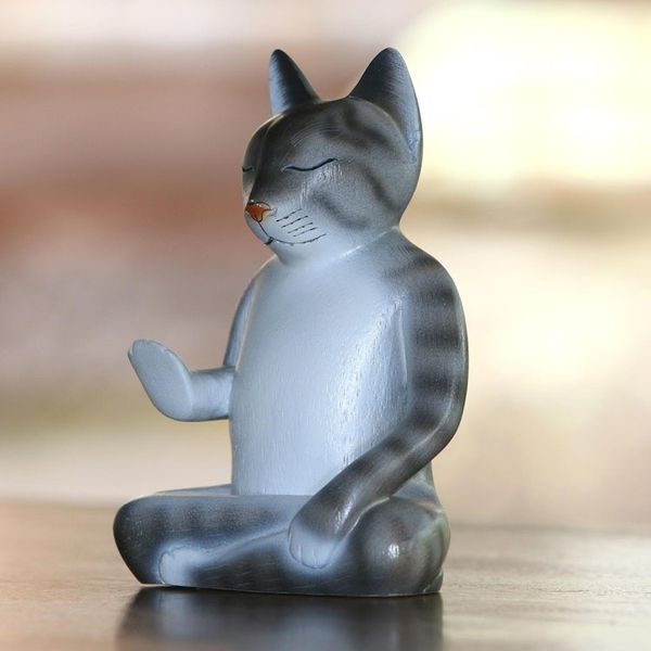 Alternate image for Wood Meditating Cat Sculpture in Grey and White from Bali Nirvana Kitty